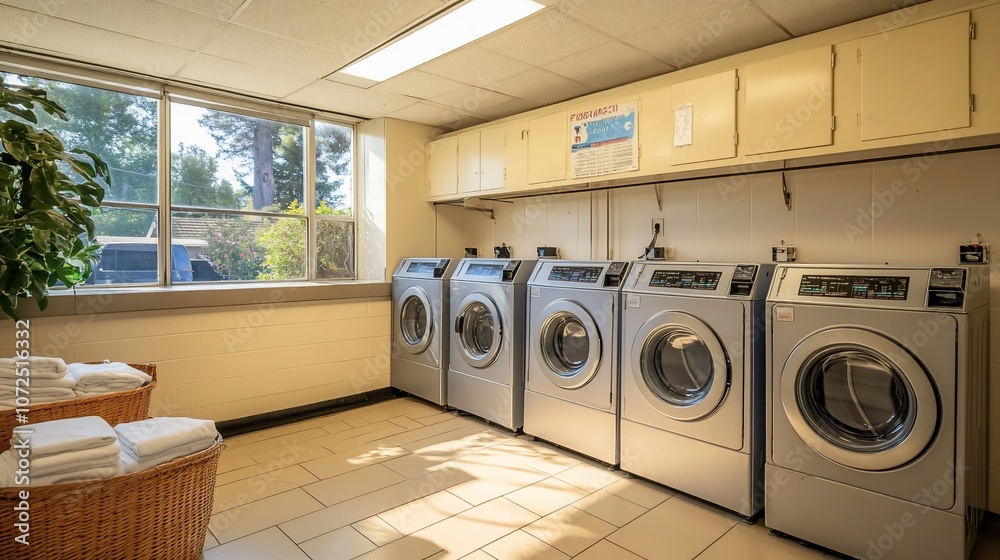 Aufkleber a clean and bright laundry room with four washing machines. there are two baskets of white towels in