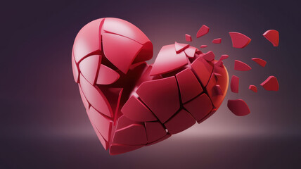 A vibrant, shattered red heart symbolizing broken love and emotional turmoil, with pieces flying away against a dark background.