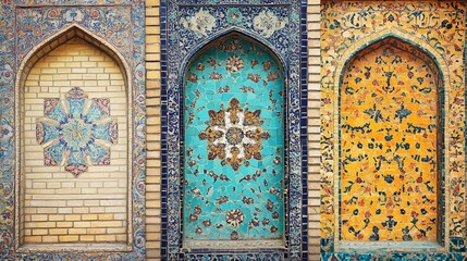 A collection of vertical or horizontal banners showcasing intricate ancient mosaic walls with floral and geometric designs including traditional Iranian tile decorations