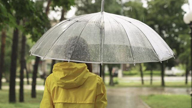 a young girl with a transparent umbrella walks in the rain. woman in a yellow raincoat. view from the back. autumn summer spring walk park. Slow motion. wet drops rain drip transparent umbrella