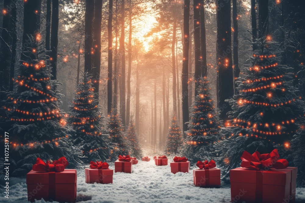 Canvas Prints Enchanting Snowy Forest Path with Christmas Trees and Gifts