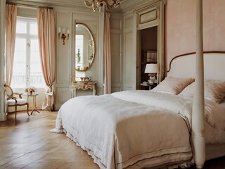 Luxury bedroom interior in classic style with a bed and a mirror