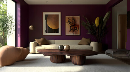 Minimalist Modern Living Room with Rich Plum Purple Walls, Soft Beige Sofa, and Sculptural Wooden Coffee Table, Featuring Warm and Creative Design with Dramatic Colors
