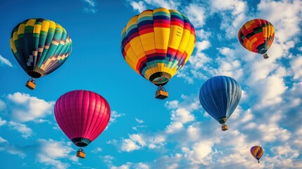 Obraz premium Colorful Hot Air Balloons Soaring Through a Blue Sky With Fluffy White Clouds
