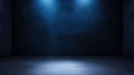 Dark foggy stage with blue spotlights, mysterious empty room with dramatic lighting, eerie atmosphere with moody background