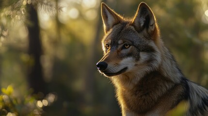 Naklejka premium A Close-Up Portrait of a Wolf in a Forest Setting
