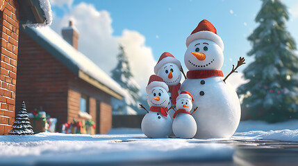 Obraz premium Smiling snowman family standing in front of a house