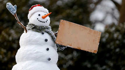 Smiling snowman holding a blank sign
