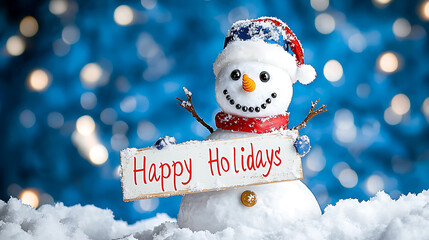 Smiling snowman holding Happy Holidays sign