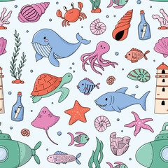 Cute sea doodles, underwater, sealife cartoon elements seamless pattern for nursery prints, cards, posters, banners, wrapping paper, scrapbooking, stationery, apparel decor, etc. EPS 10