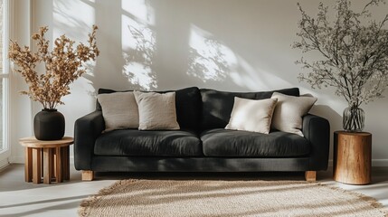 Image of a modern living room with a sofa, side table and vase