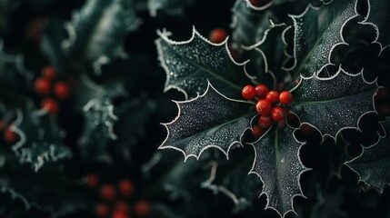 Close-up of frosted holly leaves and berries on right side of frame with copy space