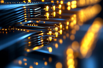 Obraz premium Fiber optic cables emit a warm glow in a dark setting, highlighting their intricate design and advanced technology