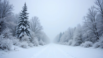 Obraz premium A tranquil winter landscape blanketed in snow, capturing the stillness of a February morning in a peaceful forest