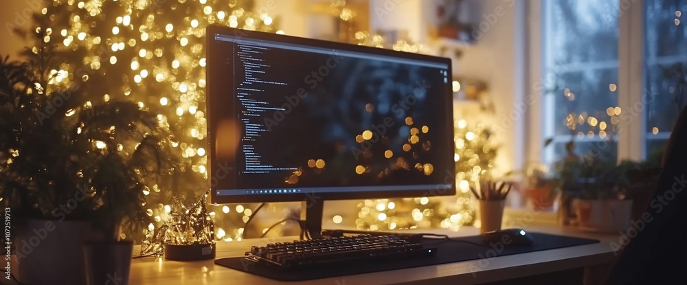Aufkleber A computer monitor with a keyboard on a desk in front of a Christmas tree with lights.