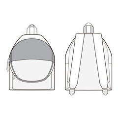 Front and back views of a backpack in black and white vector illustration, showing zipper pocket and shoulder straps.
