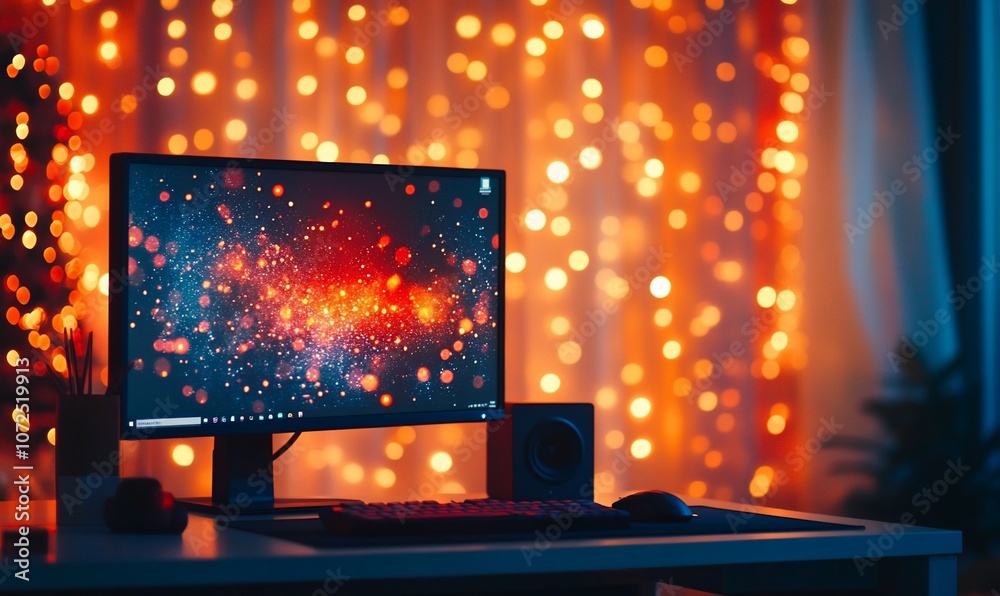 Poster A computer monitor with a starry night wallpaper on the screen sits on a desk in front of a blurred background of Christmas lights.