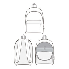 Multiple views of a backpack, including front, back, and open interior, in a black and white vector illustration.
