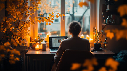 A person sits at a cozy desk, illuminated by candles and surrounded by autumn leaves, working on a laptop with a warm, tranquil atmosphere.