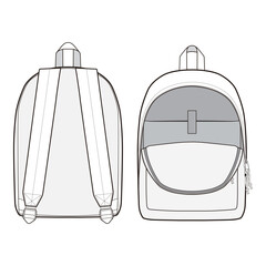 Another front and back view of a backpack in black and white vector style, with emphasis on straps, zippers, and interior organization.
