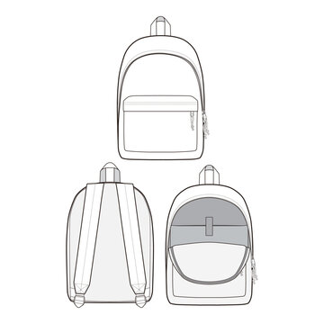 Multiple views of a backpack, including front, back, and open interior, in a black and white vector illustration.
