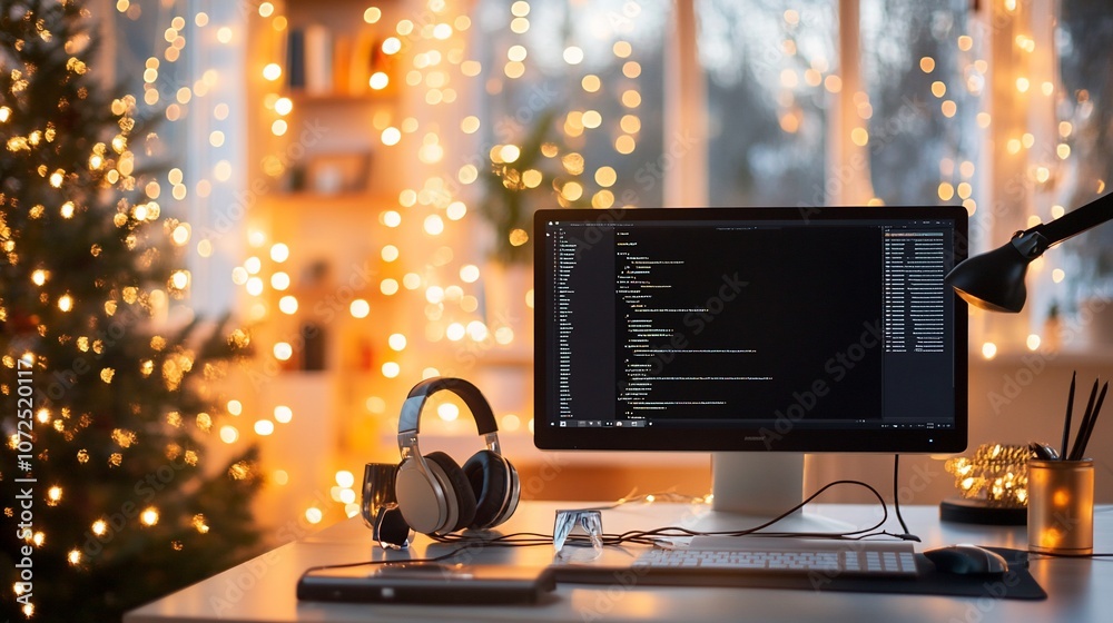 Poster A computer monitor with code on the screen sits on a desk with headphones, a keyboard, and a mouse. There is a Christmas tree in the background with lights strung on it.