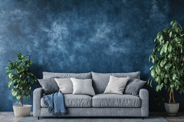 Modern Blue Living Room Interior with Grey Sofa and Green Decor on Cement Wall Background
