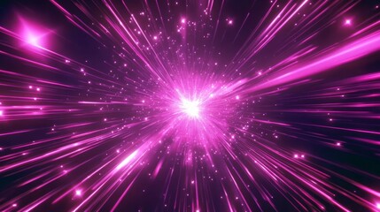 Naklejka premium Bright Purple Burst Abstract Light Rays Starry Sky Digital Art, Shining Purple Explosion with Glowing Particles, Space Light Speed Effect