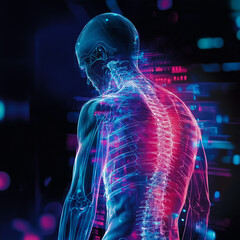 A futuristic scientific visual representation of the human spinal cord and back pain. 