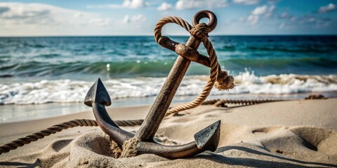 The ship's iron anchor lies in the sand by the sea.