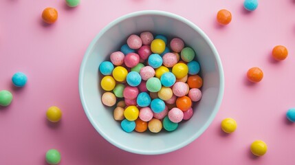 Obraz premium Bowl of colorful candy balls on pastel pink background