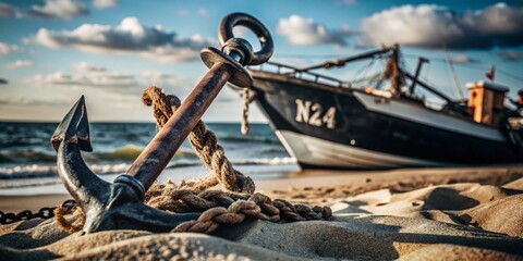 A ship's anchor in the sand on the shore of the ocean or sea.