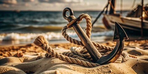 A ship's anchor in the sand on the shore of the ocean or sea.