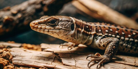 Naklejka premium Wild lizard, reptile, beautiful macro shot on nature background.