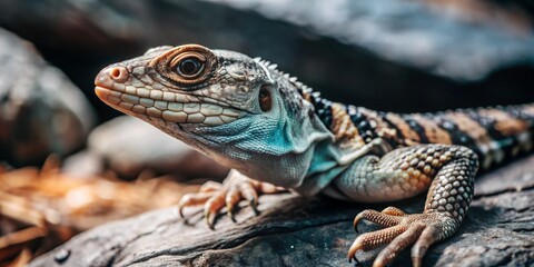 Obraz premium Close up view of a green lizard. The world of wild nature. A small lizard basks in the sun