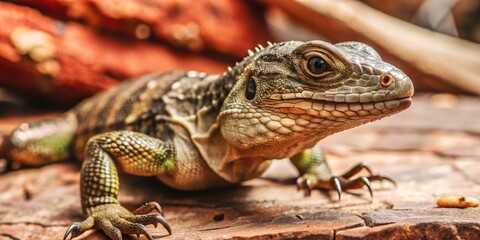 Obraz premium Close up view of a green lizard. The world of wild nature. A small lizard basks in the sun