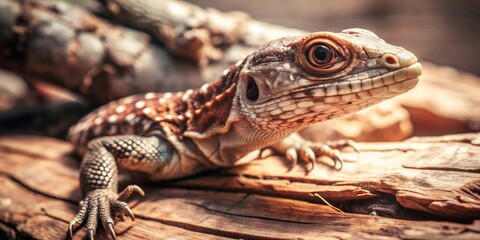 Fototapeta premium Close up view of a green lizard. The world of wild nature. A small lizard basks in the sun