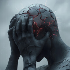 A person clenching his head with his hands, indicating a severe headache or migraine or emotional or psychological turmoil. 