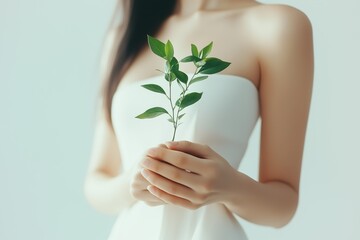 Woman Holding Green Plant Stem - Symbol of Purity and Connection to Nature