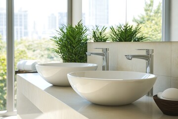Modern Bathroom Interior with Double Sink, Panoramic Window, and Stylish Decor