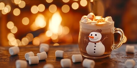 A cozy winter scene featuring a festive snowman hot chocolate. Warm up by the fireplace with delicious marshmallows and a cheerful holiday drink. Perfect for winter celebrations. AI