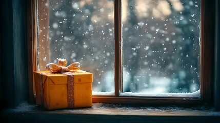 Gifts with rustic winter window sill background during snowfall. Winter holiday gift giving concept. New Year and Christmas celebration, Xmas. Cozy retro and vintage decoration