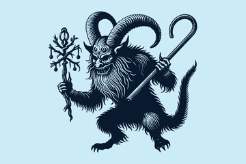  Krampus. Scary horned creature with a staff. Hand drawn engraving vector illustration, emblem, logo, cut out, isolated object