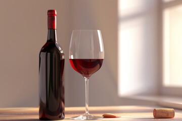 Red Wine Bottle Mockup with Glass, Wineglass, Red Drink with Copy Space, Dry Red Wine