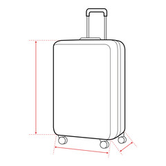 Suitcase Technical Drawing with Measurement Points and Size Chart

