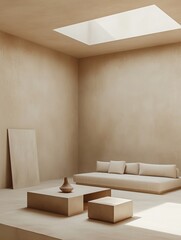 Minimalist calm beige room scene, modern interior design, light beige walls and floors, skylight feature, contemporary furniture