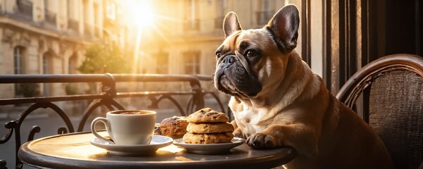 A French Bulldog enjoying coffee and cookies on a sunny balcony in a vibrant city