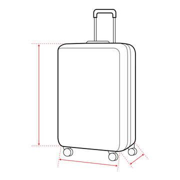Suitcase Technical Drawing with Measurement Points and Size Chart

