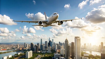 low angle view of plane fly over modern office buildings. A wonderful view of the big city.