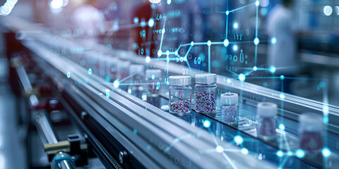 Pharmaceutical Bottles on Automated Production Line with Digital Interface, Medicine Bottles on Conveyor with Data Network Overlay